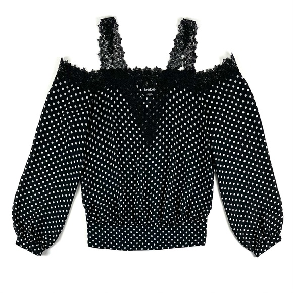 Bebe Polka Dot Print & Lace Shoulder Top - Picture 2 of 7